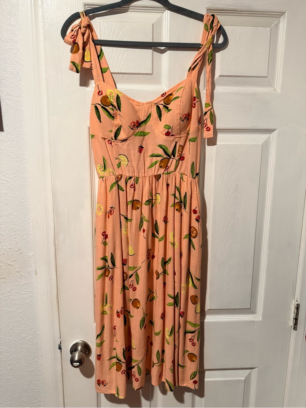 LC Lauren Conrad Peach Fruit & Leaf Tie-Shoulder Midi Dress